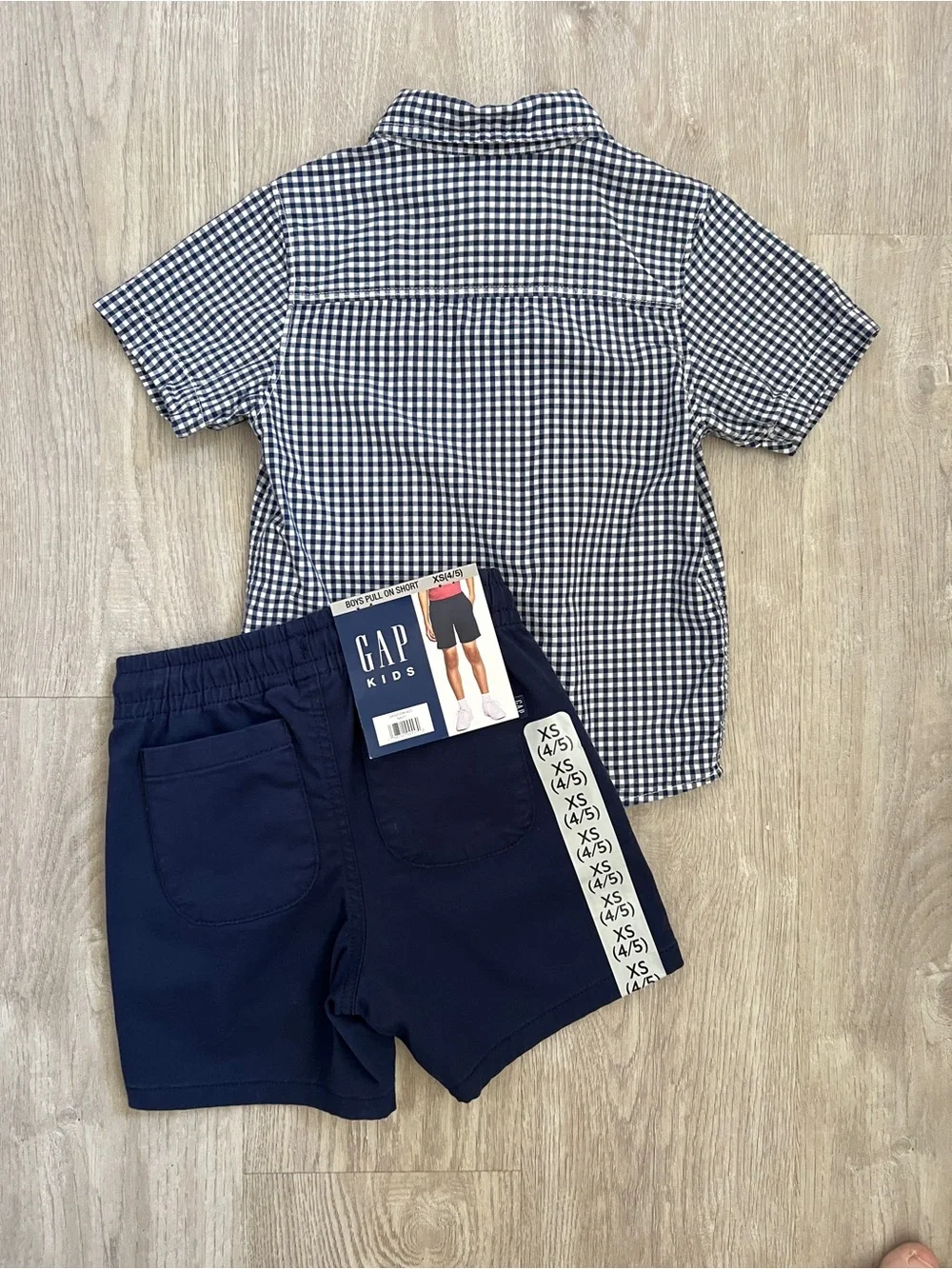Gap Kids OshKosh Boys 4/5 Gingham Shirt Navy Pull On Shorts 2 Piece Outfit